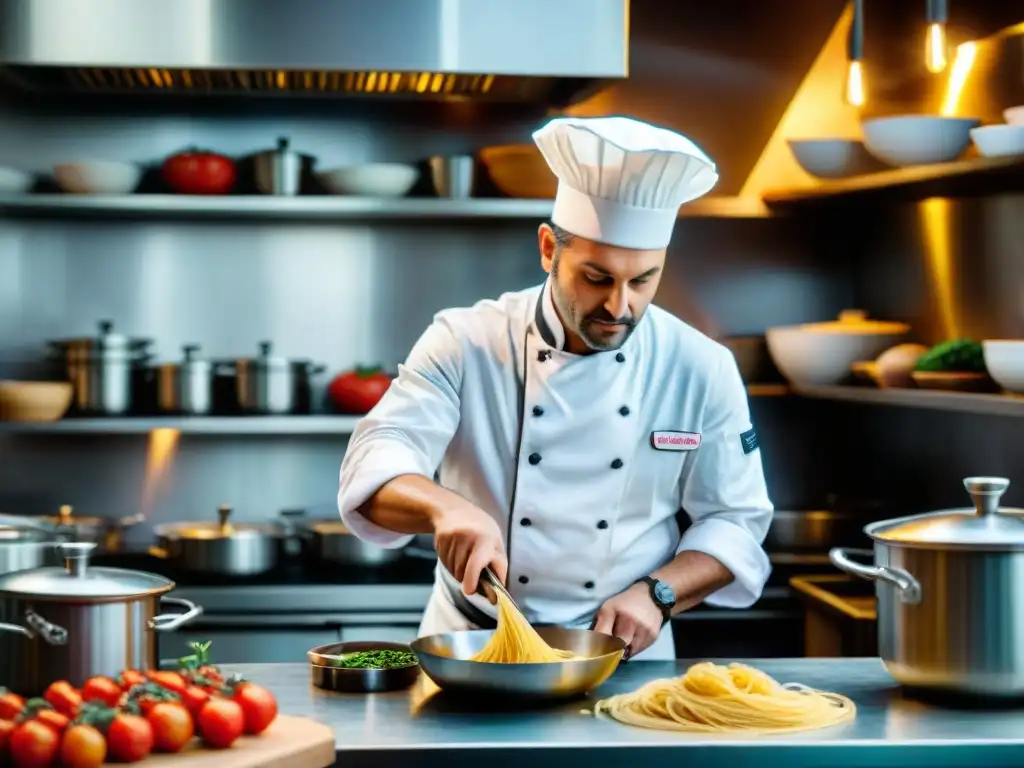 Cocinero italiano preparando pasta fresca en restaurante fusión norte Italia