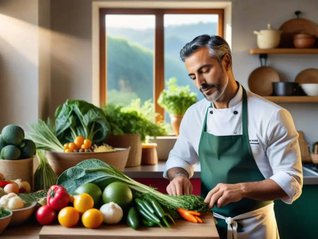 Un cocinero italiano crea platos con ingredientes frescos de un compostaje en la cocina italiana