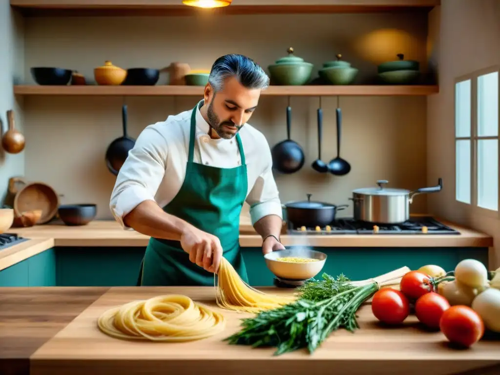 Un cocinero tocando la mandolina mientras prepara pasta aglio e olio en una vibrante cocina italiana