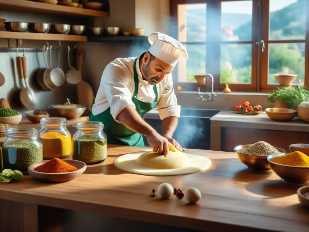 Un cocinero amasando masa en una cocina italiana tradicional, con ingredientes frescos y especias coloridas, en un ambiente acogedor y rústico