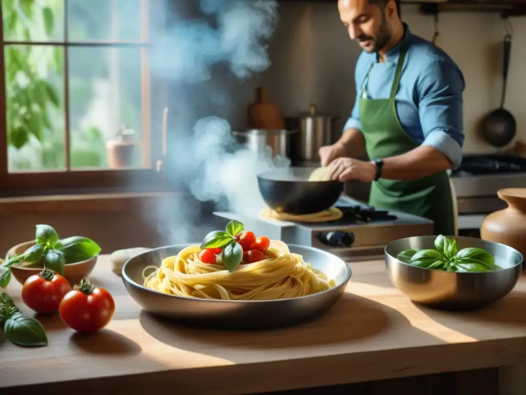 Un cocinero preparando pasta casera en una cocina italiana tradicional, con ingredientes frescos