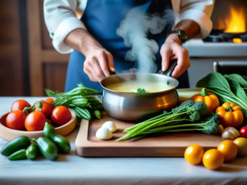 Un cocinero preparando Sopa italiana Stracciatella receta tradicional en una cocina acogedora