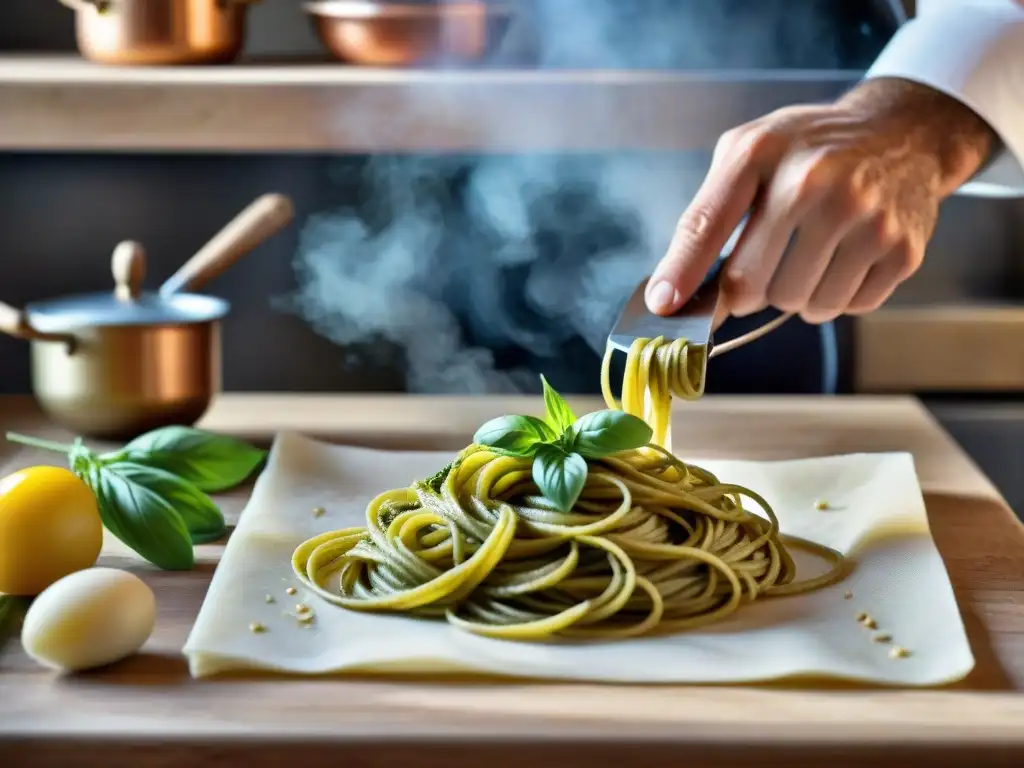 Un cocinero prepara trofie al pesto en una cocina ligur tradicional: platos típicos Liguria cocina italiana