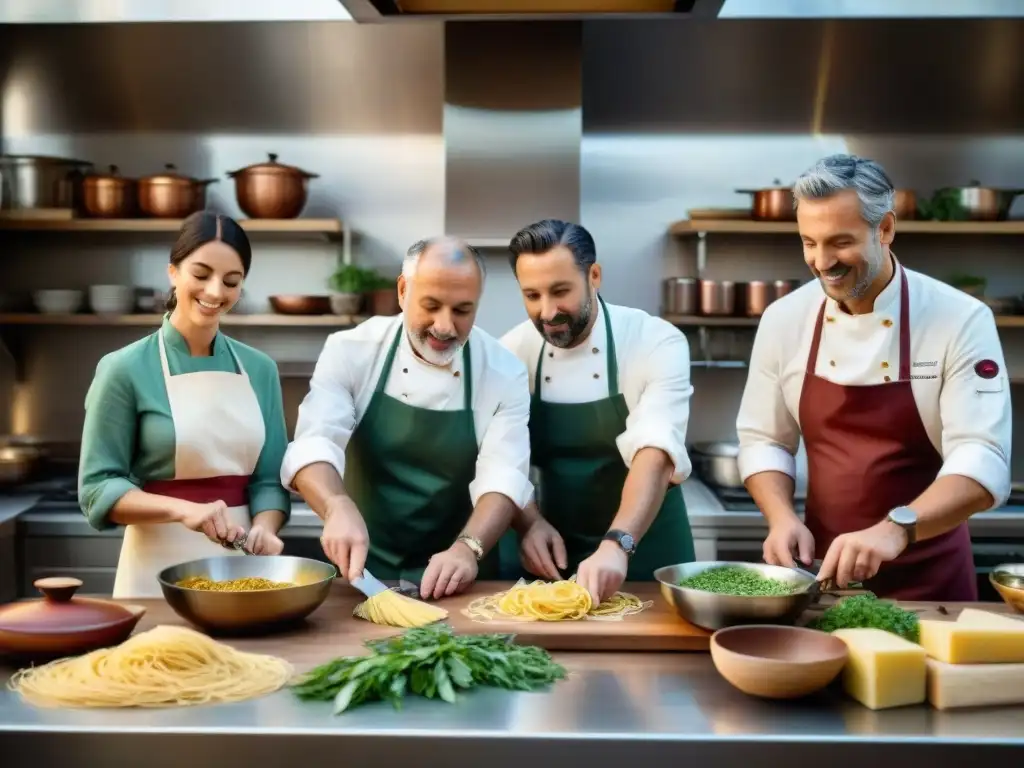 Cocineros italianos preparan platos Slow Food en cocina tradicional