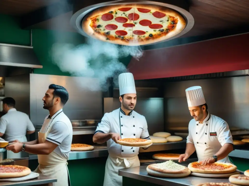 Cocineros lanzando masa de pizza en Nápoles, Italia, reflejando la internacionalización de la pizza cultural