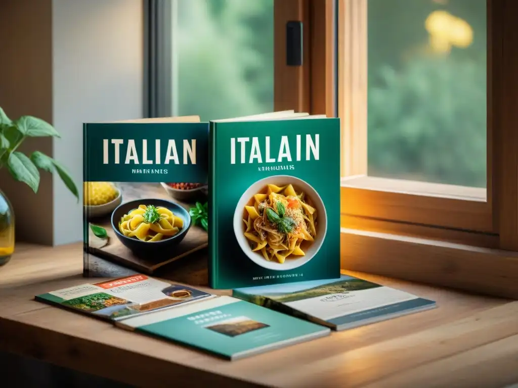 Una colección de ediciones raras revistas gastronómicas italianas en una mesa de madera rustica, iluminadas por luz natural