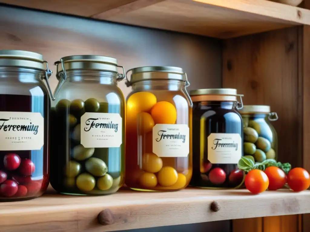 Una colección de tarros de fermentación con ingredientes vibrantes en una cocina rústica italiana