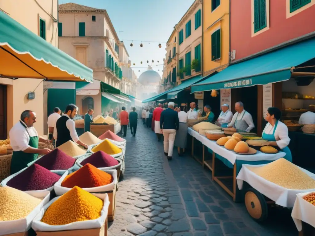 Colorida escena del Cous Cous Fest Trapani 2021: puestos vibrantes, comida deliciosa y diversa multiculturalidad bajo el sol mediterráneo