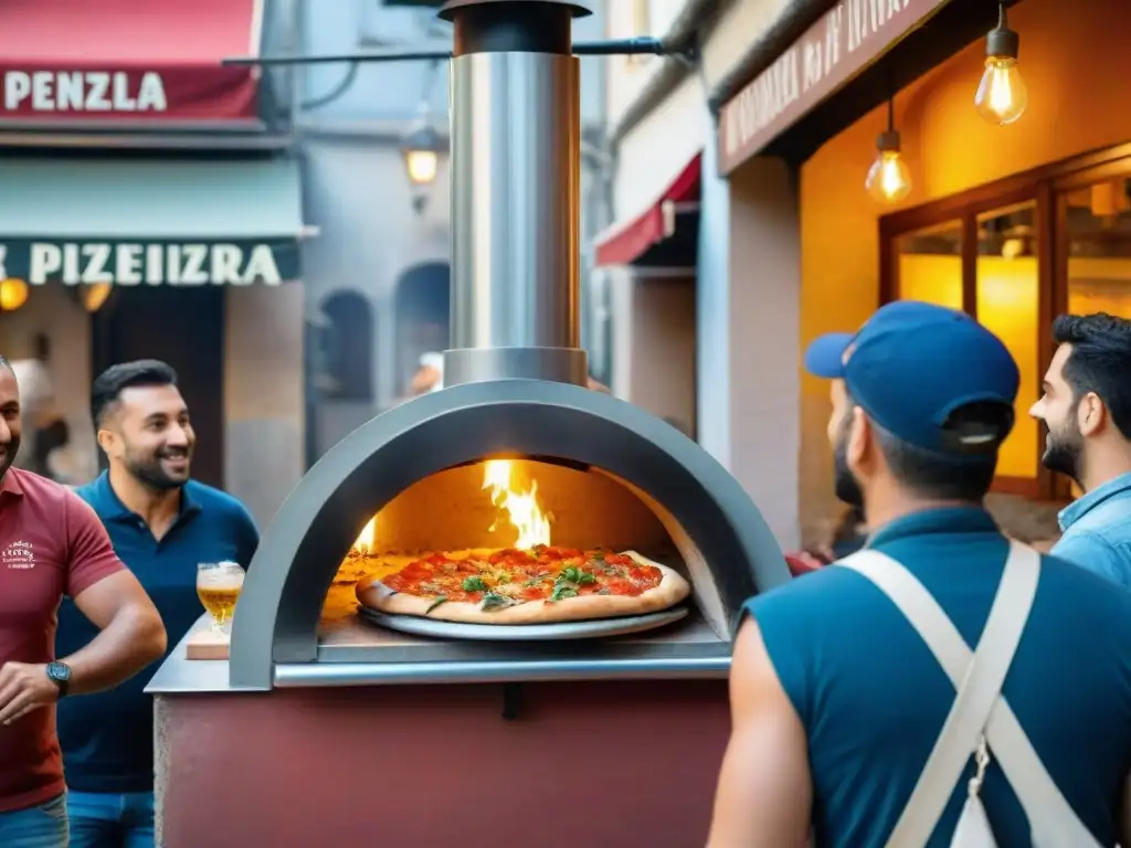 Colorida pizzería en Nápoles con horno de leña, pizzaiolos expertos y clientes de distintos orígenes, creando Innovación en la Pizza Italiana