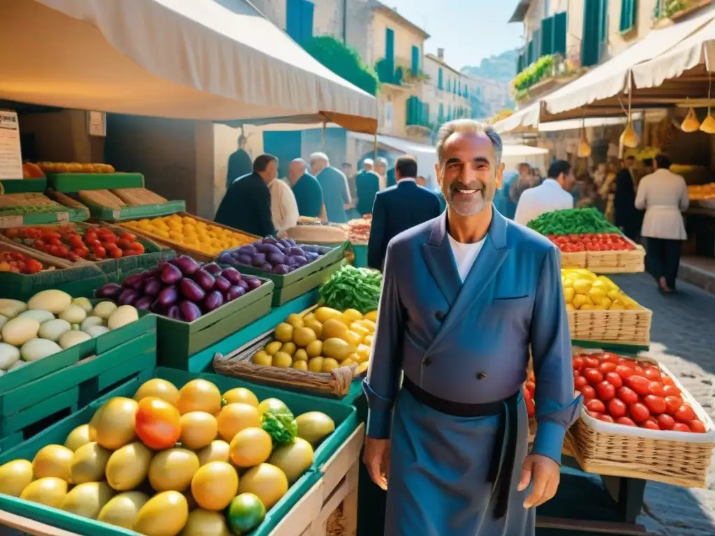 Colorida gastronomía siciliana en un bullicioso mercado tradicional, con productos frescos y vendedores locales animados