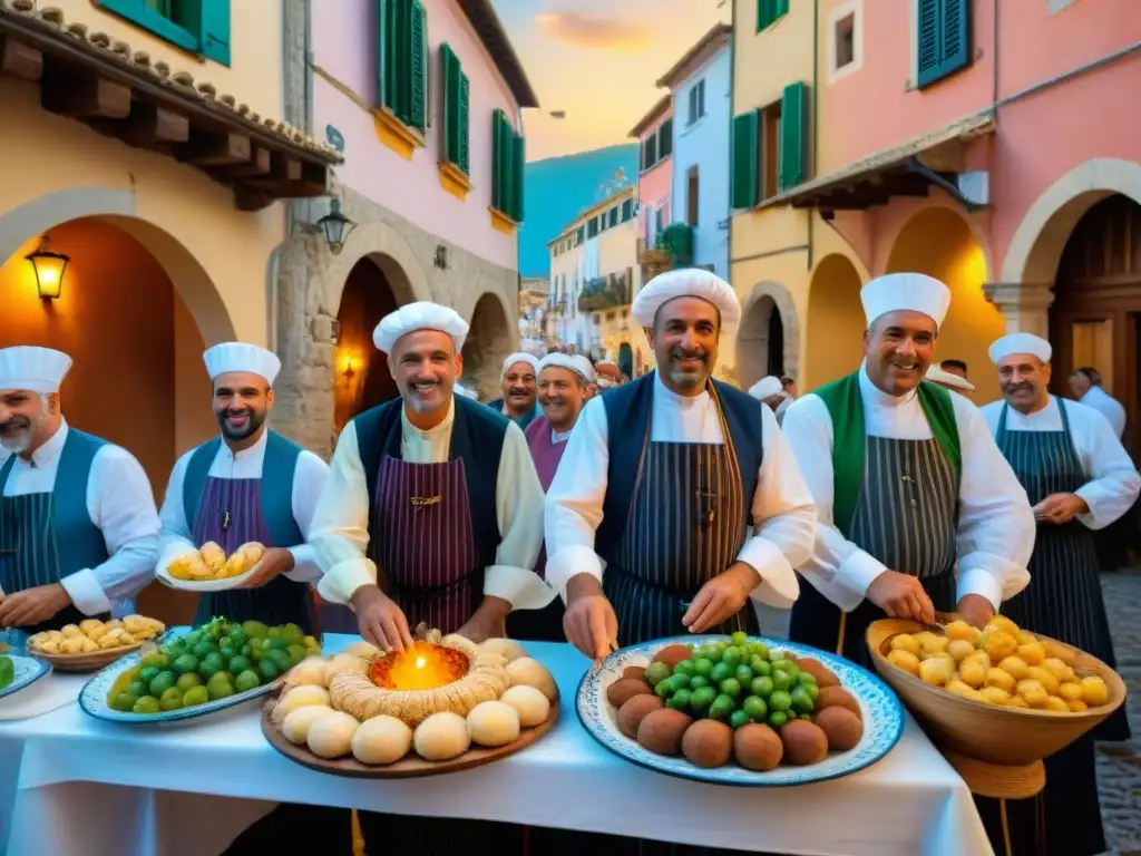 Coloridas fiestas gastronómicas en Islas Italianas con lugareños en trajes tradicionales y puestos de comida vibrantes al atardecer