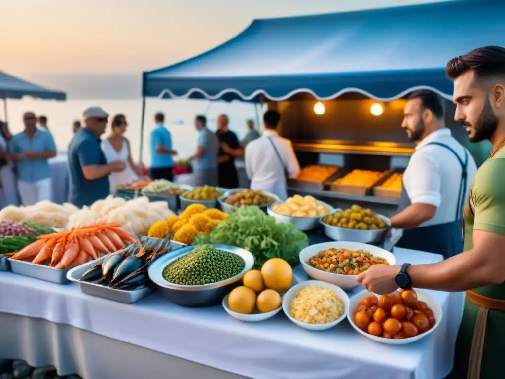 Colorido festival italiano junto al mar con platos mariscos frescos y animada atmósfera festiva al atardecer en el Mediterráneo