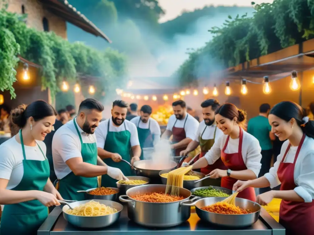 Colorido festival de pasta italiana con chefs preparando platos bajo luces brillantes, en una atmósfera alegre y festiva