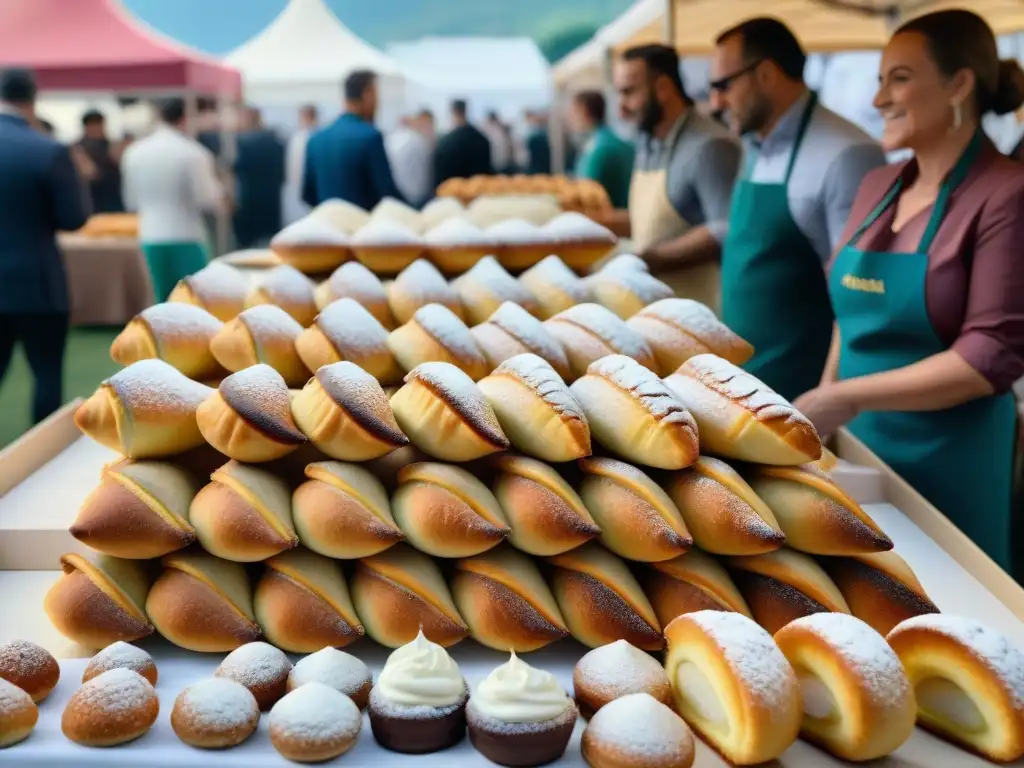 Un colorido festival de pastelería italiana con puestos repletos de delicias, chefs expertos y visitantes maravillados