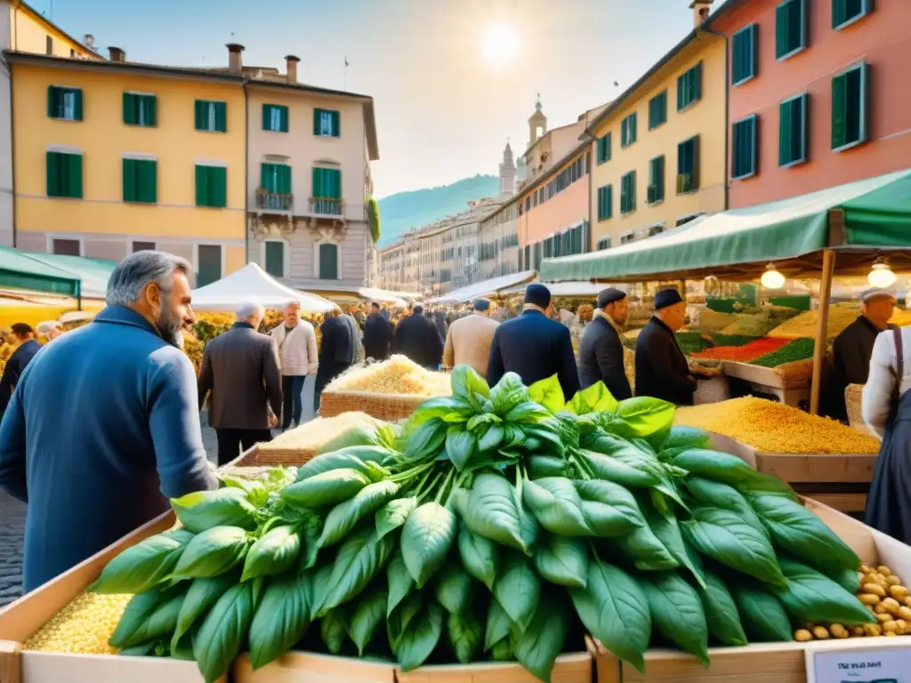 Colorido mercado al aire libre en Génova, Italia, con los ingredientes clave del pesto genovés italiano