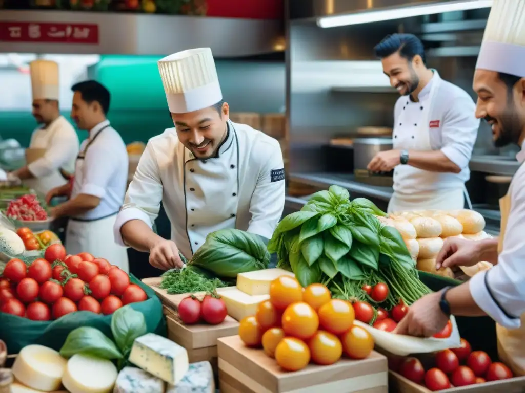 Un colorido mercado de alimentos asiáticos con ingredientes italianos frescos, chefs intercambiando técnicas culinarias en una fusión de tradiciones