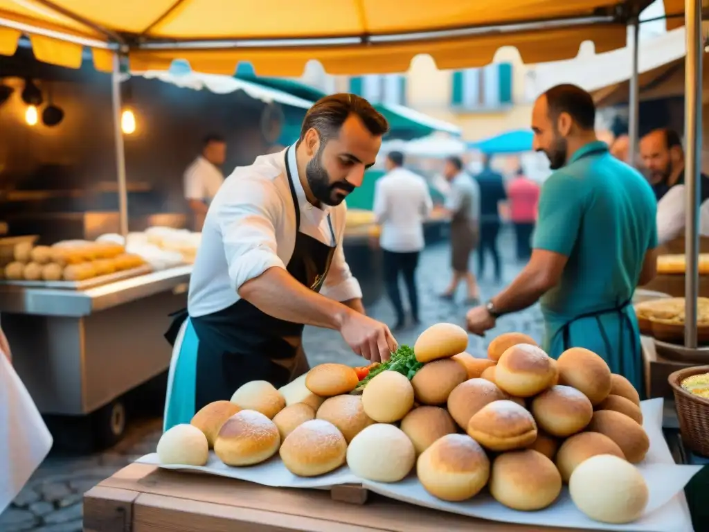 Colorido mercado callejero italiano con platos tradicionales como piadina y arancini