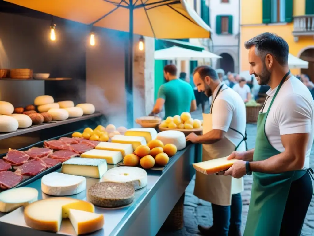 Colorido mercado callejero en Friuli, Italia, con puestos rebosantes de productos locales