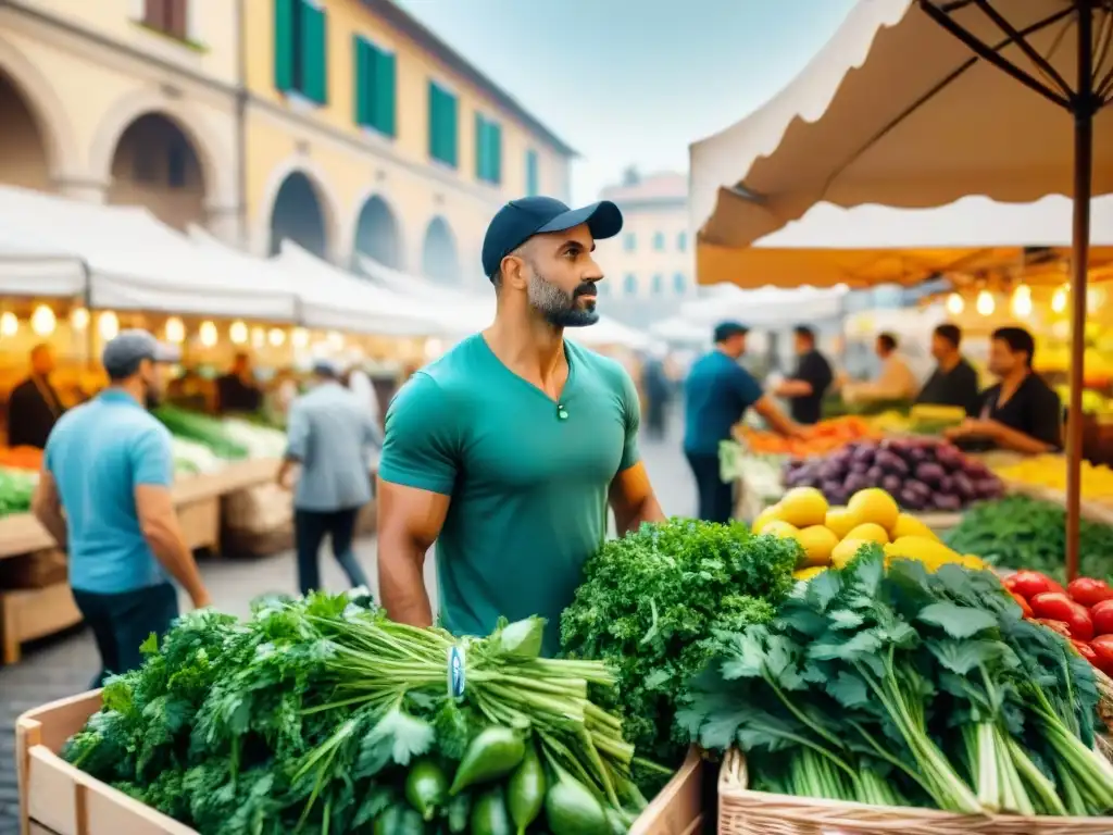 Colorido mercado italiano con cilantro fresco, vendedores locales y arquitectura típica, reflejando la autenticidad y vitalidad