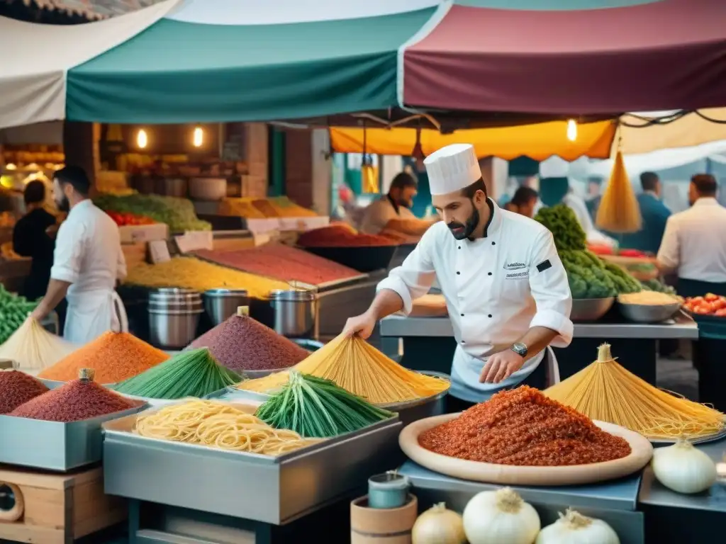 Colorido mercado italiano con vendedores y chef preparando espaguetis boloñesa al aire libre