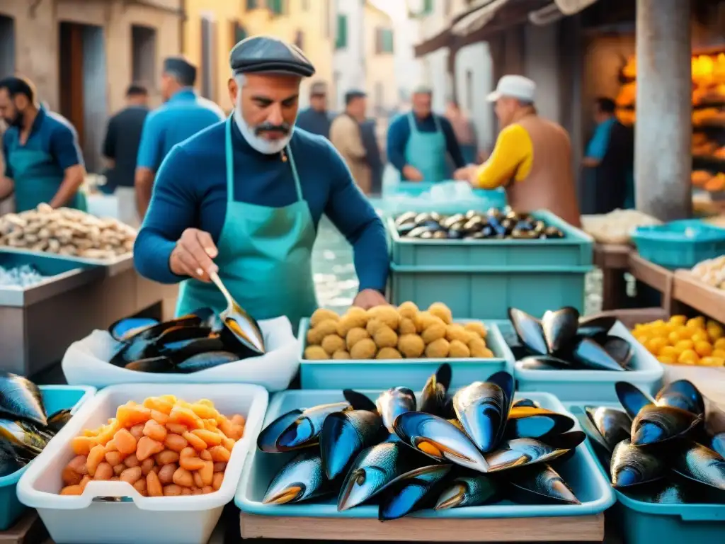 Colorido mercado de pescado italiano con mariscos frescos y pescado sobre hielo, clientes animados y pescadores