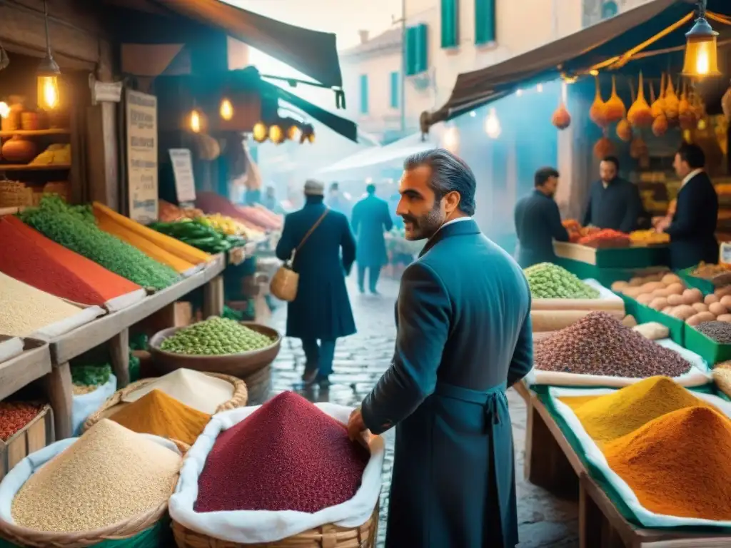 Colorido mercado siciliano con influencia árabe, ingredientes vibrantes y turistas maravillados