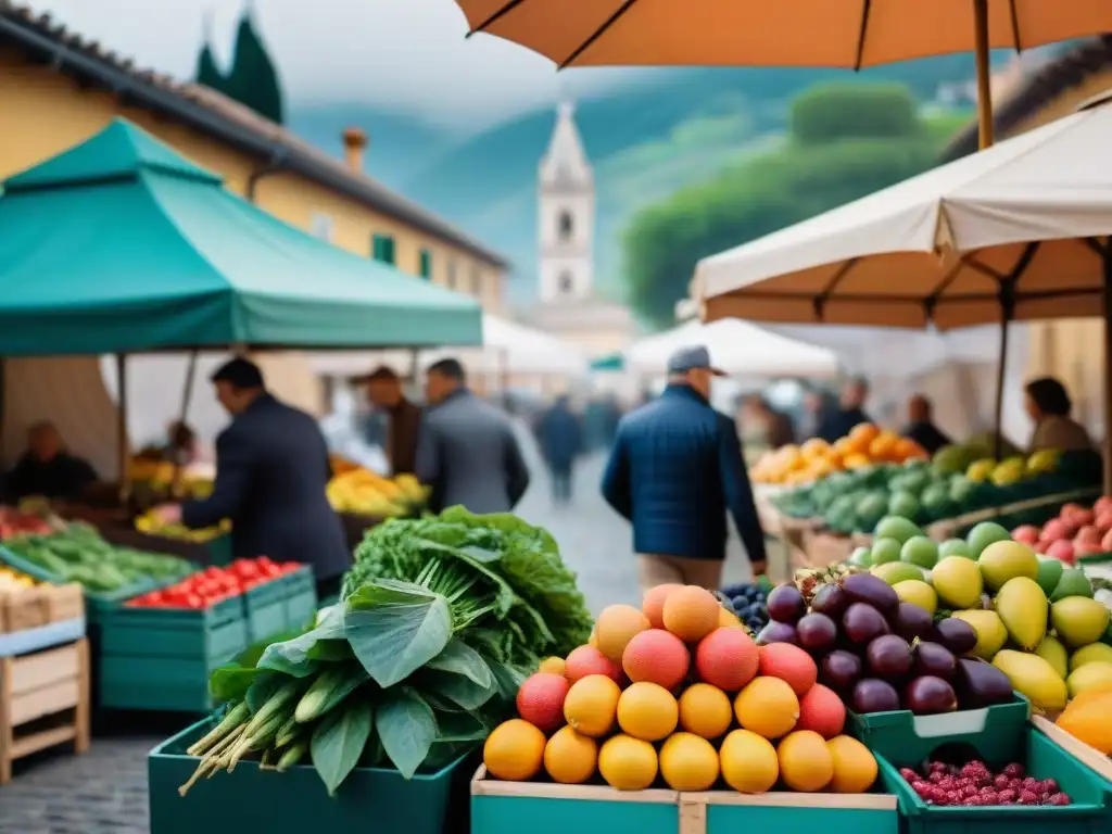 Colorido mercado agrícola en Italia con productos frescos y locales bajo sombrillas vibrantes