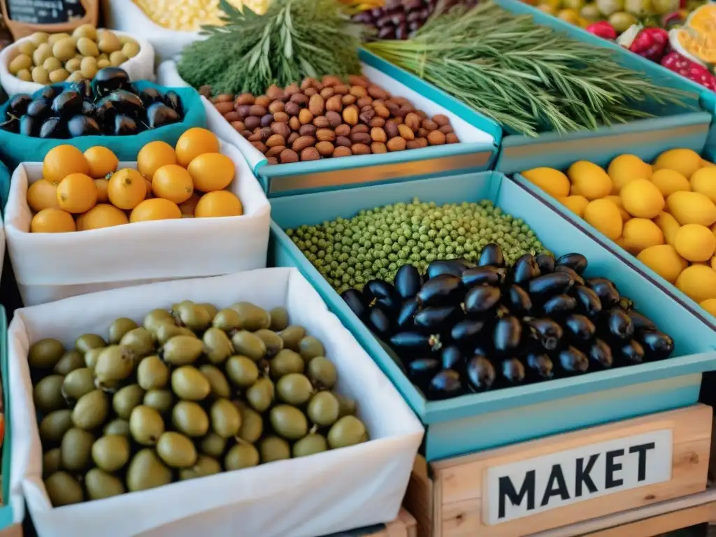 Un colorido puesto del mercado mediterráneo rebosante de frutas frescas, verduras, aceitunas, aceite de oliva, frutos secos y hierbas