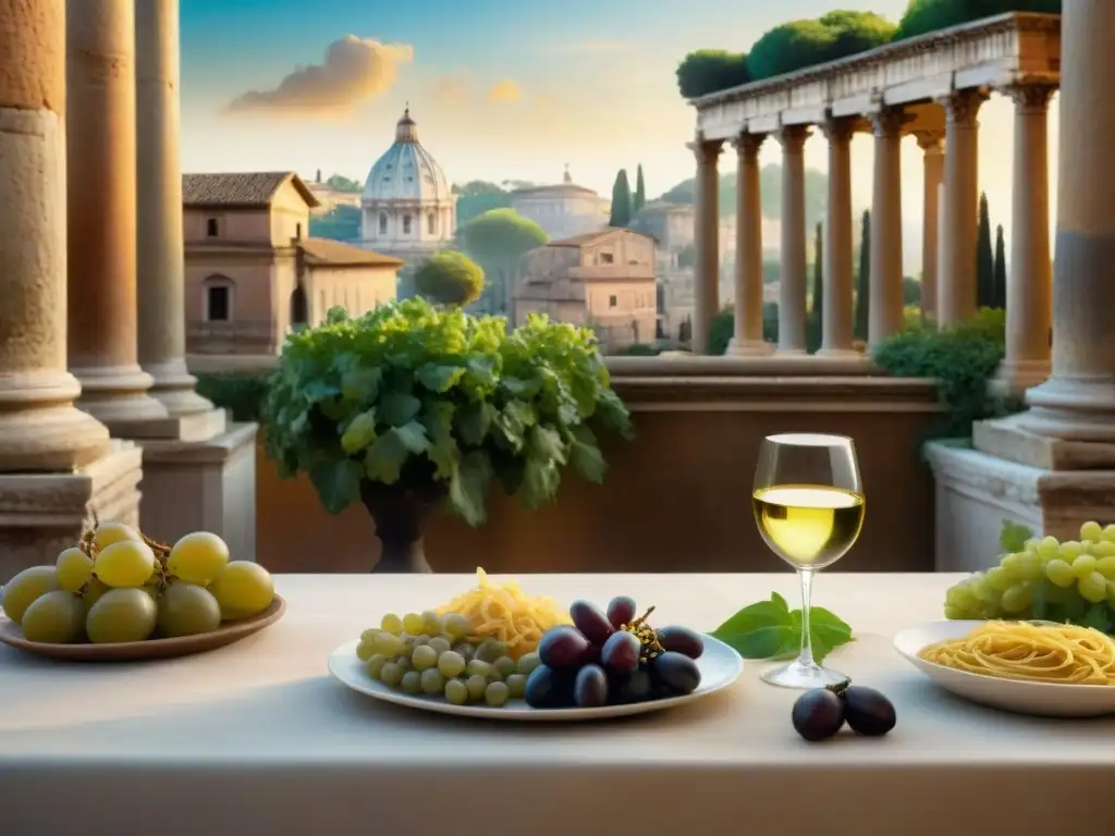 Representación de comida italiana en arte: Fresco detallado de un lujoso banquete romano con pasta, uvas y vino