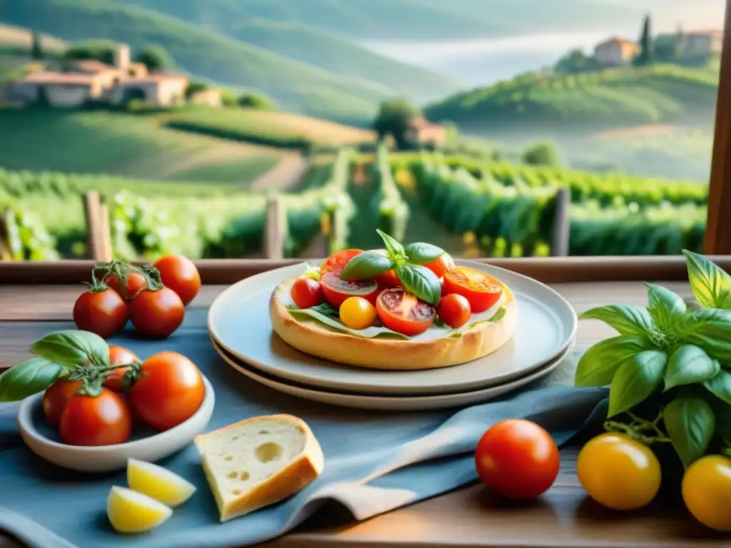 Disfrutando de la comida italiana de forma consciente en una escena serena de campo italiano