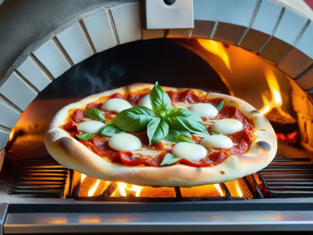 Transformación de comida rápida italiana gourmet: Pizza recién horneada con mozzarella burbujeante, albahaca fresca y pepperoni brillante