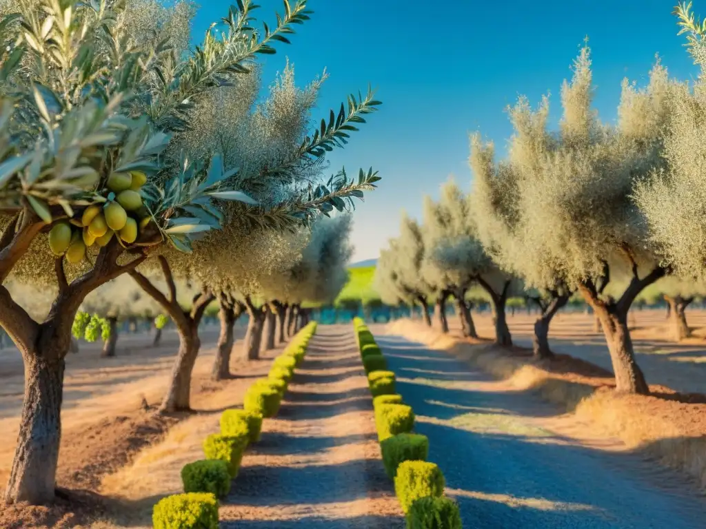 Comparativa aceites oliva premium Italia: Detalle de olivar en Toscana, con olivos cargados de aceitunas verdes bajo cielo azul