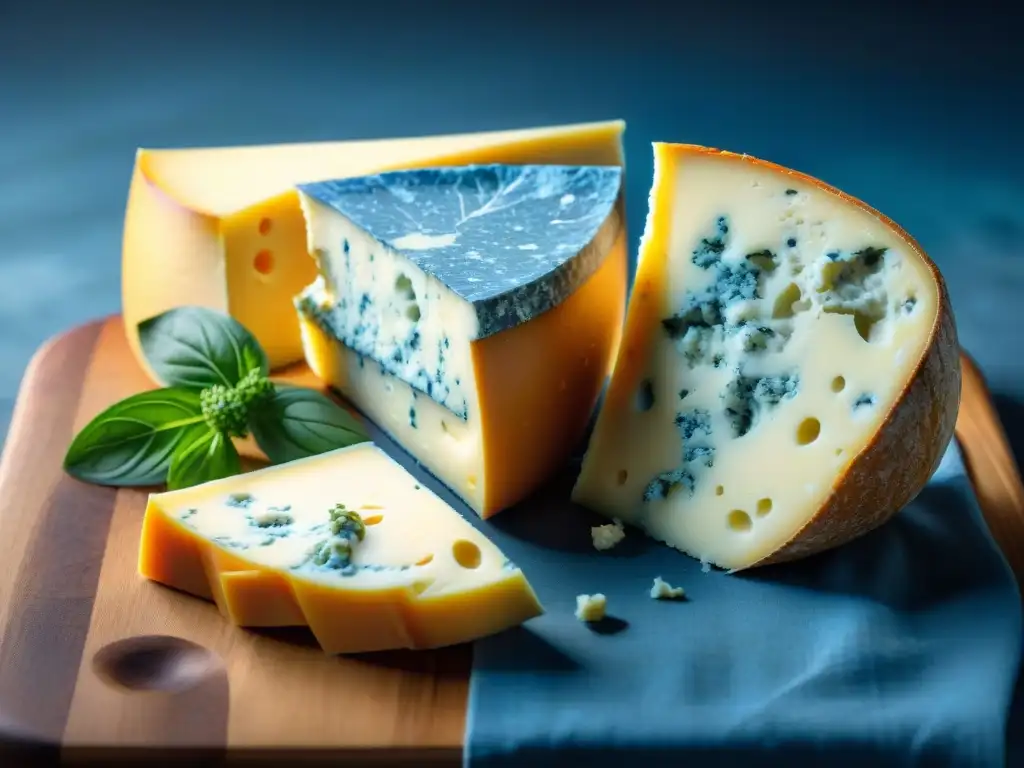Delicadas texturas: Gorgonzola vs Comparativa de quesos azules: Gorgonzola cremoso y Roquefort crujiente, invitando a explorar sus diferencias sutiles y profundas texturas