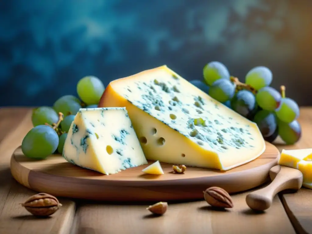 Delicioso contraste: Gorgonzola y Roquefort en tabla de queso Comparativa de quesos azules: tabla de quesos con Gorgonzola cremoso y Roquefort picante, adornados con nueces y uvas frescas