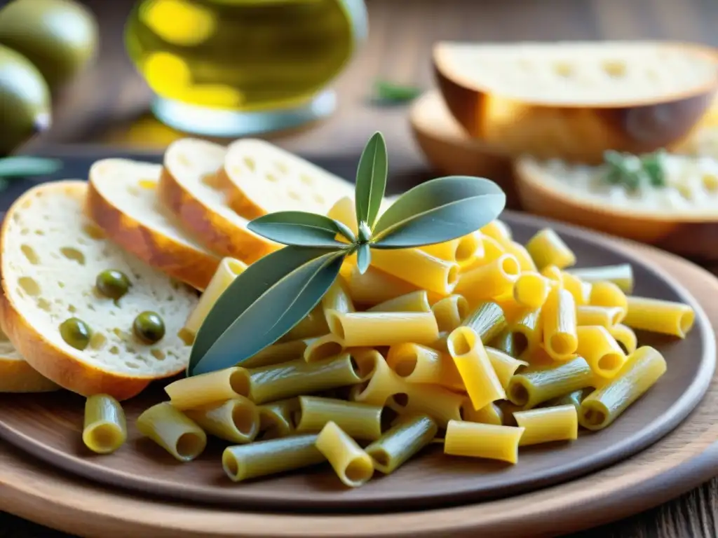 Una composición de carbohidratos italianos para mejorar digestión: pasta, pan y risotto, presentados con detalle y colorido en mesa rústica