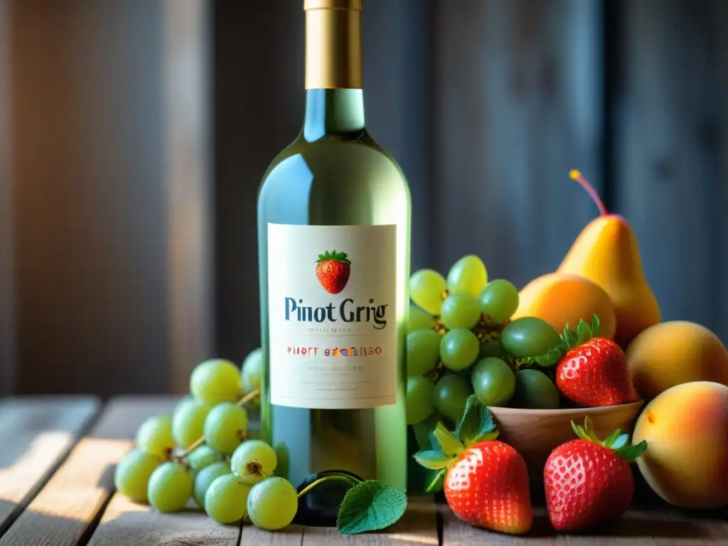 Una composición delicada de Maridajes ligeros Pinot Grigio: botella fría, frutas frescas y luz suave