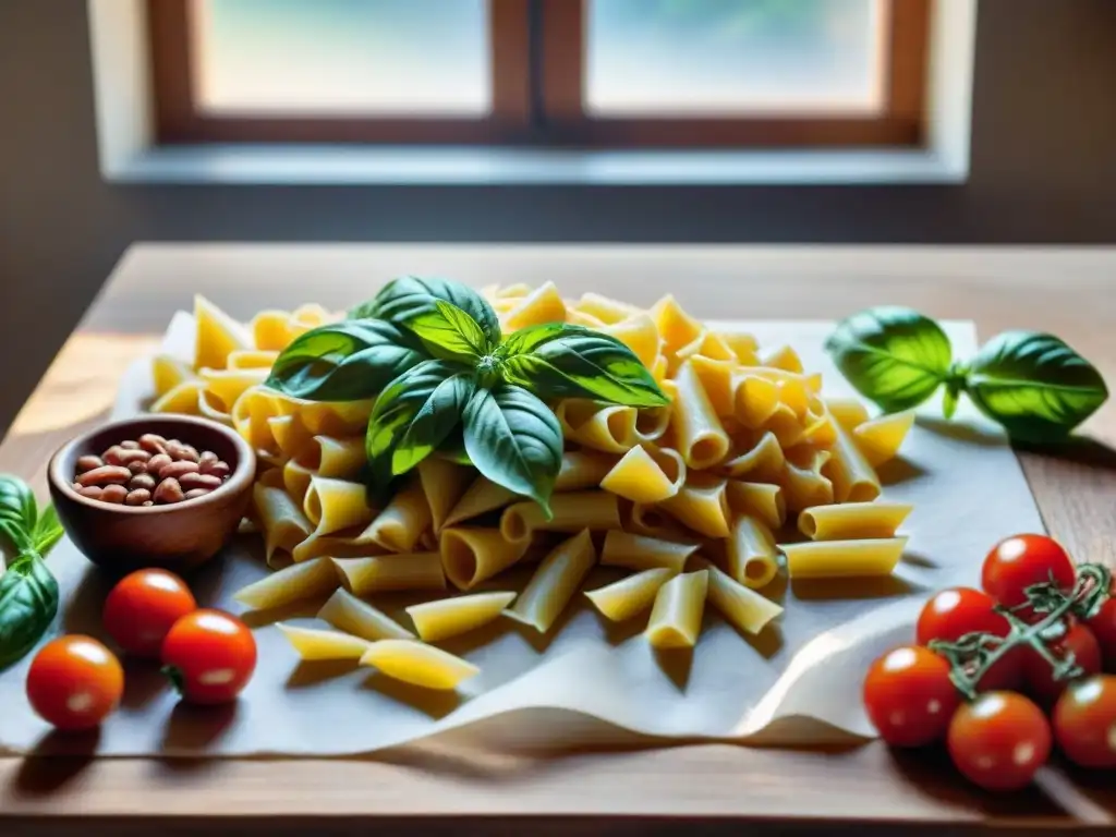 Una composición detallada y colorida de ingredientes frescos sobre una mesa rústica para la receta tradicional de Pasta e Fagioli