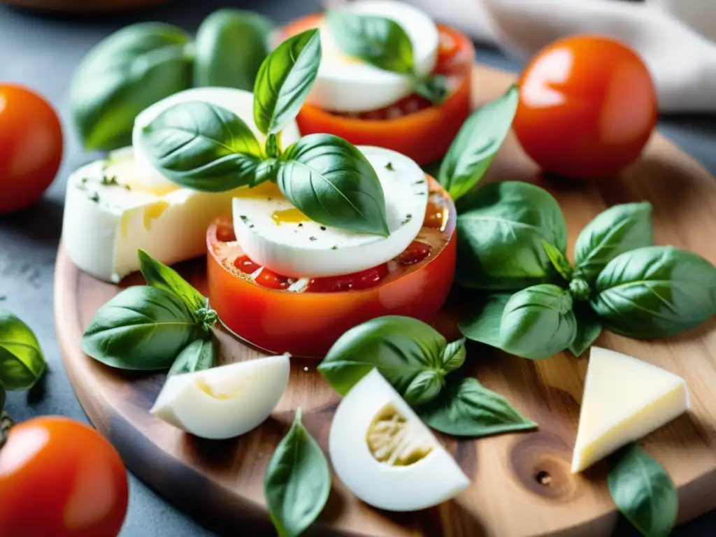 Exquisita Caprese: Tomate, albahaca y mozzarella en su máximo esplendor Una composición vibrante de una ensalada Caprese con ingredientes clave de la dieta mediterránea