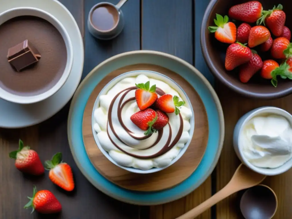 Una composición vibrante de ingredientes orgánicos para un Tiramisú Fit, sobre mesa rústica