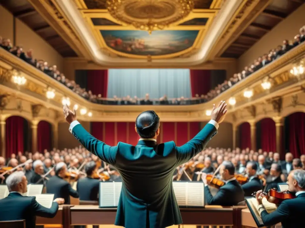 Un compositor italiano dirige una orquesta en un majestuoso auditorio, capturando la grandeza musical y cultural de Italia