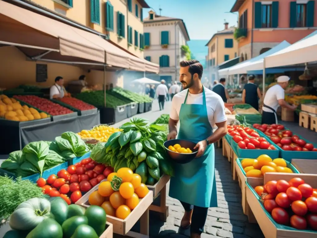 Compra frescura chefs italianos seleccionan ingredientes frescos en animado mercado campesino italiano en soleada mañana