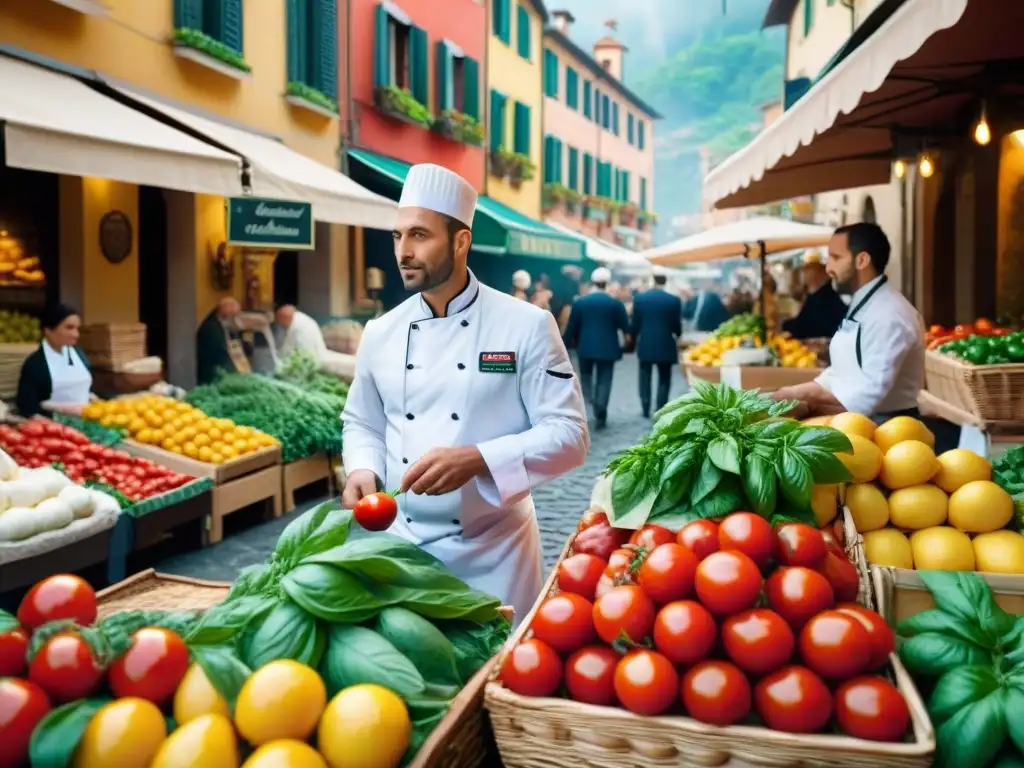 Compra frescura chefs italianos seleccionando ingredientes en un bullicioso mercado italiano