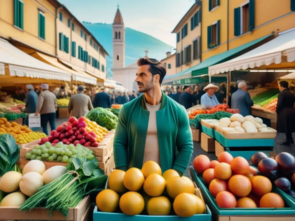 Compra frescura en un animado mercado italiano al amanecer, lleno de puestos coloridos y productos locales