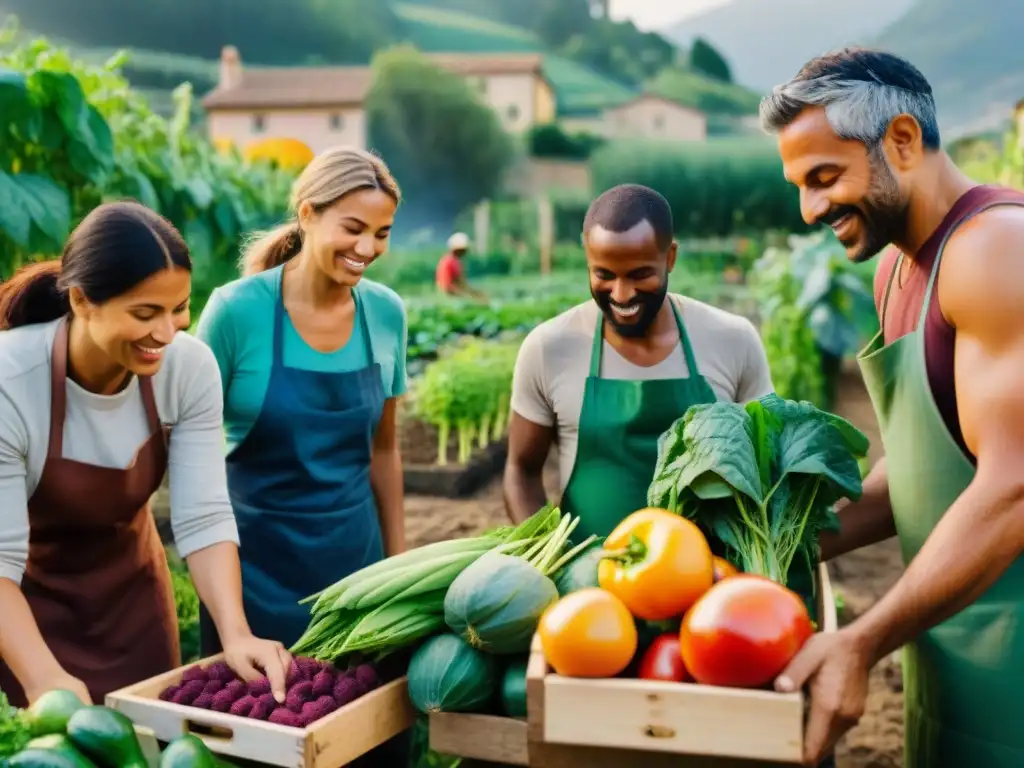 Una comunidad diversa cosechando alimentos frescos en un jardín comunitario en Italia