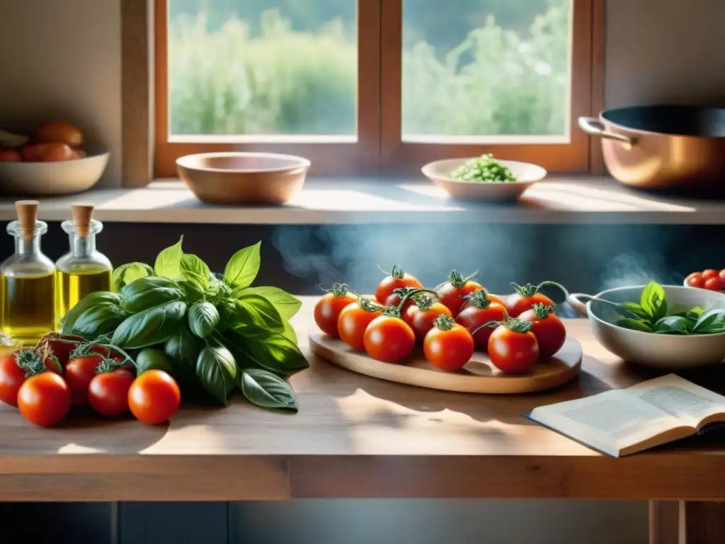 Una comunidad preparando platos italianos, rodeada de revistas de cocina y utensilios tradicionales