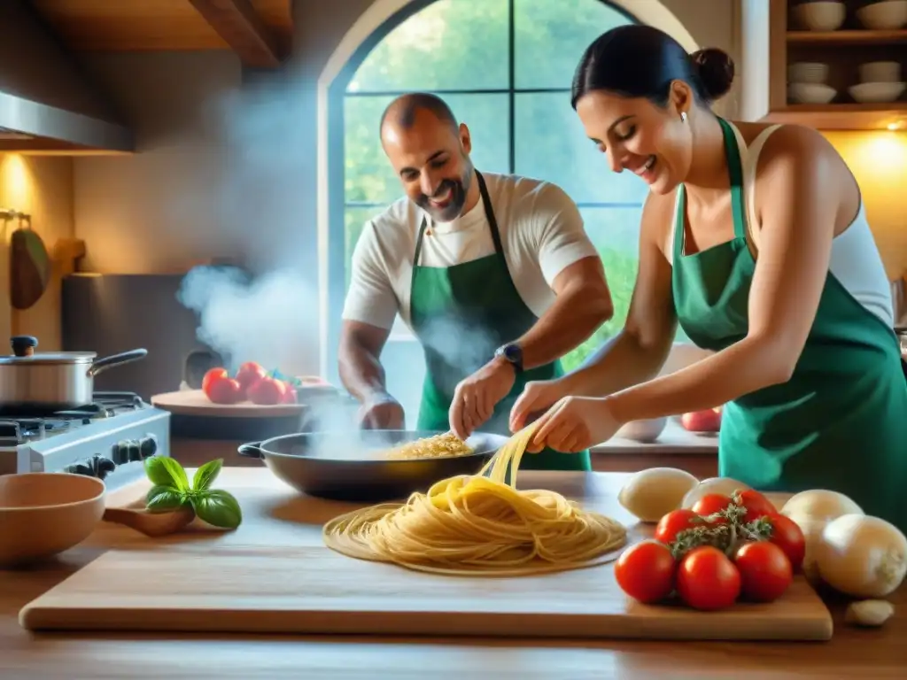 Una comunidad unida de entusiastas de la cocina italiana preparando pasta casera, compartiendo risas y tradiciones en una cálida cocina rústica