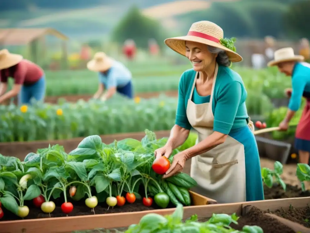 Una comunidad vibrante en un jardín en Italia: personas de todas las edades y orígenes colaboran en la siembra y cosecha de productos frescos