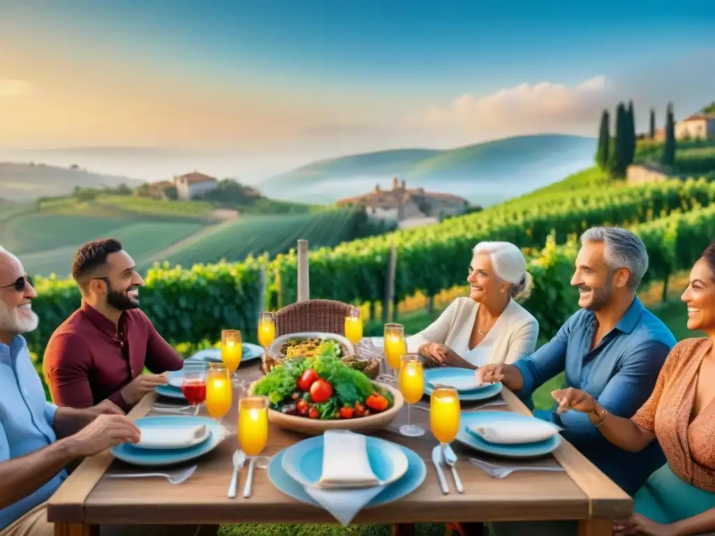 Celebración comunitaria: diversidad en la mesa con cocina italiana, en un entorno natural y acogedor al atardecer