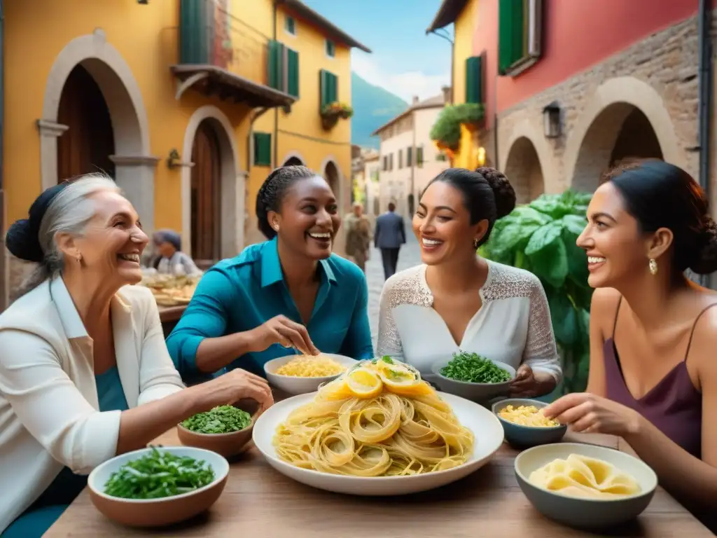 Celebración comunitaria en plaza italiana con platos tradicionales