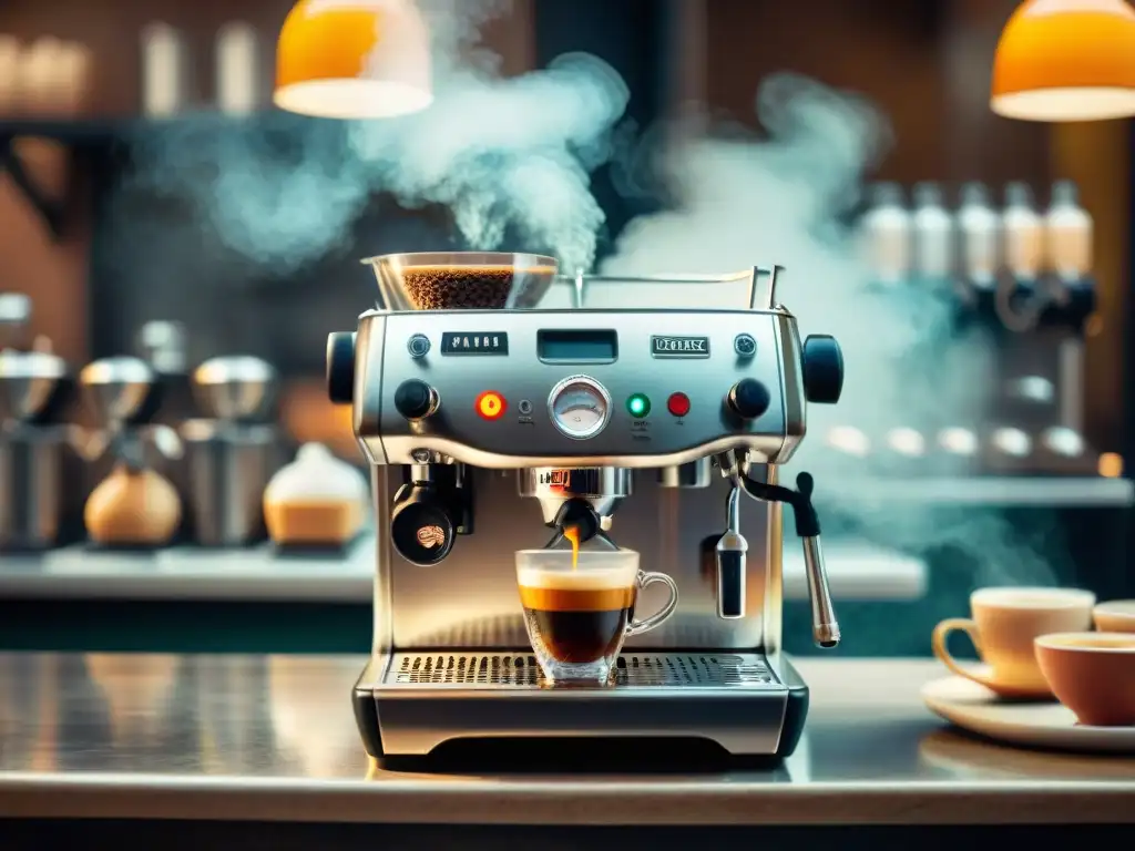 Una concurrida cafetería italiana en Roma con una barista preparando un espresso en una máquina vintage, en un ambiente lleno de historia del café en Italia